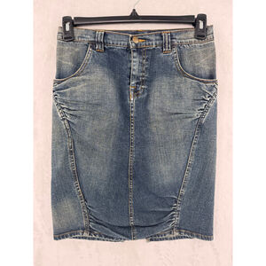 Vintage Y2K Cache Ruched Denim Pencil Skirt Bodycon Knee Length Size Medium